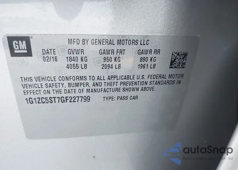 2016 Chevrolet Malibu 1Fl from USA, damaged, VIN 1G1ZC5ST7GF227799